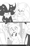 2022 amy_rose anthro blush bracelet breasts chest_tuft cleavage clothed clothing comic cute_fangs dialogue english_text eulipotyphlan female fur greyscale grin group half-closed_eyes hedgehog hi_res inside jewelry krazyelf looking_at_another male mammal medium_breasts monochrome narrowed_eyes one_eye_closed onomatopoeia open_mouth scarf sega shadow_the_hedgehog shirt simple_background smile smirk sonic_the_hedgehog sonic_the_hedgehog_(series) sound_effects speech_bubble sweater tank_top text topwear trio tuft white_background