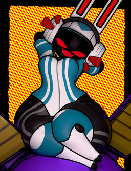 anthro ball_joints bent_legs big_breasts black_body blue_clothing blue_hat blue_headwear blue_jacket blue_legwear blue_stockings blue_topwear breasts clothing dotted_background electronics emanata fangs featureless_feet feet female grey_stripes half-closed_eyes hands_behind_head hat headgear headphones headwear huge_thighs jacket joints legwear looking_at_viewer metal_clothing multicolored_clothing multicolored_hat narrowed_eyes no_pupils nub_feet open_mouth pattern_background pattern_clothing pattern_jacket pattern_topwear rabbit_ears red_body red_eyes red_mouth robotic_ear robotic_joints robotic_leg simple_background sitting solo stockings striped_body striped_clothing striped_jacket striped_topwear stripes teeth text thick_thighs topwear visor_cap white_body white_clothing white_hat white_headwear white_jacket white_legwear white_stockings white_topwear wide_hips zipper anaroth zoidrawzaton_(modeler) project_turboblast tempo_(project_turboblast) lagomorph leporid mammal rabbit robot_anthro 2025 3d_(artwork) digital_media_(artwork) english_text hi_res portrait