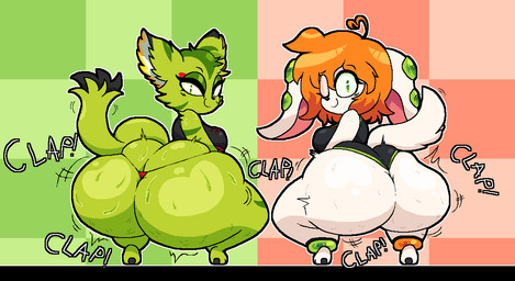 anthro ass_clapping big_butt black_clothing black_topwear breasts butt clothing crouching duo female fur green_body green_fur hair huge_butt leotard looking_at_viewer looking_back looking_back_at_viewer one_eye_closed orange_hair red_clothing red_underwear simple_background smile tail thick_thighs topwear twerking underwear white_body white_fur wide_hips heyfawndue freedom_planet galaxytrail carol_tea milla_basset basset_hound canid canine canis domestic_dog felid feline felis hunting_dog mammal scent_hound wildcat 2023 digital_media_(artwork) hi_res
