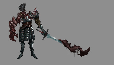 amalgamation ambiguous_gender armor blood bodily_fluids body_horror boss_fight gore melee_weapon mutation not_furry simple_background solo sword weapon jowoc_art living_armor monster colored_sketch hi_res sketch