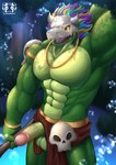 abs anthro balls biceps bone genitals green_body green_scales hair male mask multicolored_hair muscular muscular_anthro muscular_male pecs penis rainbow_hair scales skull skull_mask solo vein veiny_penis clarxender terraria witch_doctor_(terraria) lihzahrd lizard reptile scalie absurd_res hi_res