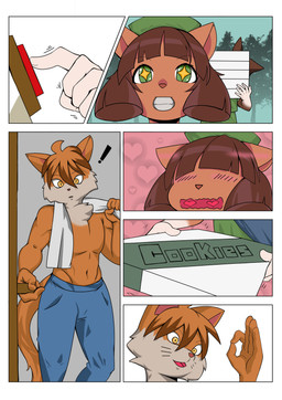 adolescent anthro bottomwear brown_body chest_tuft clothed clothing denim denim_bottomwear denim_clothing detailed_background door gesture girl_scout_cookies hair hand_gesture hat headgear headwear heart_in_mouth heart_symbol jeans male male_anthro ok_sign opening_door orange_body pants pressing_button short_hair smile topless topless_anthro topless_male towel towel_around_neck tuft young zircontenshin97 bittersweet_candy_bowl girl_scout abbey_(bcb) molly_(bcb) paulo_(bcb) abyssinian_cat domestic_cat felid feline felis mammal somali_cat absurd_res colored comic hi_res