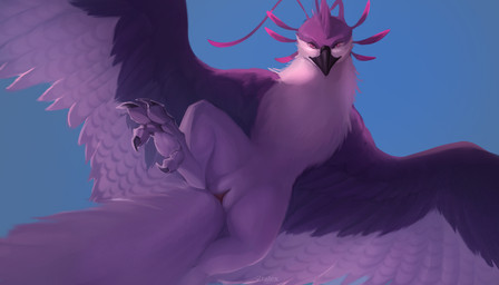 animal_genitalia beak belly black_beak cloaca feathered_wings feathers female feral fluffy genitals looking_at_viewer markings presenting presenting_cloaca purple_body purple_markings red_eyes solo tail tail_feathers teasing teasing_look teasing_viewer white_belly wings conditional_dnp ztalex arith avian bird