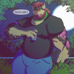 anthro beard bottomwear cigarette clothed clothing container cup date detailed_background dialogue eyebrows facial_hair fence first_person_view full_moon hair holding_object horn leaf looking_at_viewer male moon muscular muscular_anthro muscular_male night outside pants plant shirt shrub sky solo standing star starry_sky talking_to_viewer tattoo text topwear shadowmatamori mario_bros nintendo bowser koopa scalie 1:1 2021 english_text hi_res signature