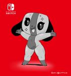 3_toes 4_fingers :d anthro black_sclera eyelashes feet female fingers floppy_ears nude open_mouth short_stack simple_background slightly_chubby smile solo text toes joaoppereiraus nintendo nintendo_switch switch_dog switchy_(joaoppereiraus) animate_inanimate canid canine mammal 2017 english_text hi_res