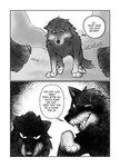 black_body black_fur border canid canine canis catlord comic english_text feral fur gabu giro_(one_stormy_night) group hi_res laugh looking_at_another male mammal monochrome mountain one_stormy_night sad talking_to_another teeth text tongue tongue_out trio white_body white_border white_fur wolf
