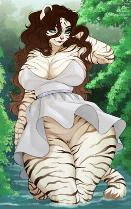 anthro big_breasts biped black_stripes blue_eyes breasts brown_hair clothed clothed_anthro clothed_female clothing detailed_background dress female fingers front_view fur genitals hair long_hair looking_down markings no_underwear outside partially_submerged pink_nose plant smile solo standing striped_body striped_fur striped_markings striped_tail stripes tail tail_markings thick_thighs tongue tree upskirt vulva wet_legs white_body white_clothing white_dress white_fur wide_hips valeris felid mammal pantherine tiger 2026 absurd_res colored digital_drawing_(artwork) digital_media_(artwork) hi_res shaded