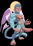 anthro big_penis blue_arms blue_body blue_eyebrows blue_fur blue_hair blue_legs blue_tail eyebrows feathered_wings feathers feet fist fur genitals glans hair huge_penis humanoid_genitalia humanoid_penis male multicolored_body muscular muscular_anthro muscular_male navel nipples nude penis pink_glans pink_nipples prehensile_feet purple_eyes solo tail tan_body tan_skin teeth toes two_tone_body wings zenpei zenpei_(character) haplorhine mammal monkey primate absurd_res full-length_portrait hi_res portrait