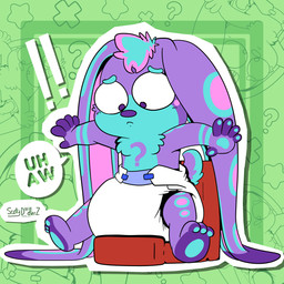 3_toes 5_fingers ambiguous_gender anthro big_ears blue_body blue_fur blue_hair blue_stripes blue_tail blush blush_lines clean_diaper clothed clothing diaper diaper_only exclamation_point feet fingers floppy_ears frown fur hair highlights_(coloring) markings multicolored_body multicolored_fur pattern_background pink_body pink_fur pink_highlights potty purple_body purple_fingers purple_fur purple_tail question_mark simple_background sitting solo speech_bubble spots spotted_body spotted_ears spotted_fur striped_arms striped_body striped_fur stripes tail text toes topless two_tone_tail vocalization wearing_diaper white_diaper conditional_dnp scoty_doodlerz skymancer_the_beagi beagle canid canine canis domestic_dog herding_dog hunting_dog mammal mixed_breed pastoral_dog scent_hound welsh_corgi artist_name hi_res signature