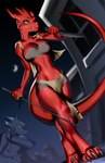 anthro breasts detailed_background feet female fingers green_eyes looking_at_viewer medium_breasts night outside red_body red_scales scales sky solo star starry_sky tail toes weapon ilot mythology dragon mythological_creature mythological_scalie scalie wingless_dragon 2021 digital_media_(artwork) hi_res