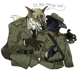 anthro belt black_hair blonde_hair blood blood_stain bodily_fluids brown_body brown_fur claws clenched_teeth clothing dark_body dark_fur dripping duo finger_claws fur grey_eyes hair hat headgear headwear imminent_danger long_tail looking_at_another male military_uniform multicolored_body multicolored_fur narrowed_eyes necktie notched_ear pawpads pointy_ears saliva saliva_drip sharp_teeth short_hair simple_background snout tail teeth two_tone_body two_tone_fur uniform white_body white_fur ddcrushh unnamed_character canid canine felid feline mammal digital_drawing_(artwork) digital_media_(artwork) hi_res
