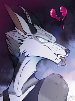 anthro broken_heart fangs fluffy free fur gift love male solo teeth tongue tongue_out sunny_way canid canine canis mammal wolf hi_res portrait