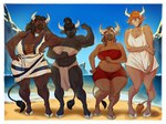 anthro bandeau beach big_breasts black_body black_fur black_hair blue_eyes bottomwear breasts brown_body brown_fur brown_hair cleavage clothed clothing clothing_grab clothing_pull detailed_background digit_ring dress eyewear female finger_ring flexing fur glasses group hair hooves horn humanoid_hands jewelry larger_female loincloth mature_female mountain muscular muscular_anthro muscular_female navel necklace pecs pecs_with_breasts ponytail red_hair ring sand sea seaside short_hair size_difference sky smaller_female smile standing swimwear tail tail_tuft tied_hair topwear tuft water wedding_ring rayjay european_mythology greek_mythology mythology eleutheria_avarta iolanta_avarta korinna_avarta nihea_avarta bovid bovine mammal minotaur 2022 4:3 absurd_res hi_res signature daughter_(lore) mother_(lore) mother_and_child_(lore) mother_and_daughter_(lore) parent_(lore) parent_and_child_(lore) parent_and_daughter_(lore) sibling_(lore) sister_(lore) sisters_(lore)