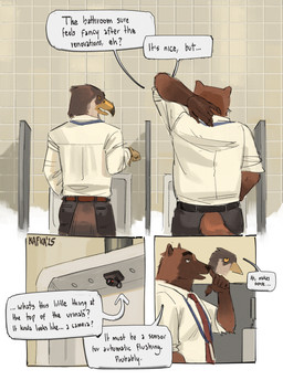 anthro athletic bathroom camera clothing collared_shirt dialogue dress_shirt duo male necktie oblivious office_clothing office_worker overweight overweight_male public_restroom security security_camera shirt size_difference spy_camera text topwear urinal worker kafka_(artist) ciro_(kafka) nash_(kafka) avian bird falcon falconid gulonine mammal mustelid musteline wolverine comic english_text first_page hi_res