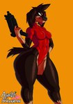 anthro athletic black_hair breasts clothed clothing female gun hair holding_gun holding_object holding_ranged_weapon holding_weapon leotard licking licking_lips licking_own_lips orange_background ranged_weapon self_lick simple_background solo thick_thighs tongue tongue_out weapon wide_hips arkanman athosart canid canine canis domestic_dog mammal absurd_res cel_shading hi_res shaded