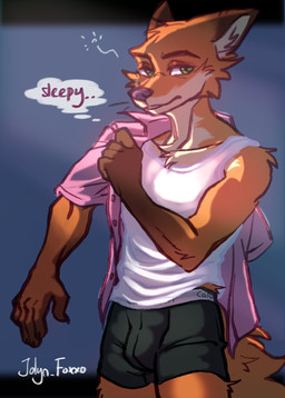 anthro bulge clothed clothing fur looking_at_viewer male open_clothing open_shirt open_topwear shirt simple_background solo standing tail tank_top text text_on_clothing text_on_underwear thought_bubble topwear underwear undressing undressing_self jolyn_foxxo calvin_klein disney zootopia nick_wilde canid canine fox mammal red_fox true_fox digital_media_(artwork) english_text hi_res