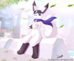 ace anthro blush building container cup falling_leaves heart_symbol holding_container holding_cup holding_object leaf male scarf sitting smoke solo text water earthb-kun senz ace_fox canid canine felid mammal 2017 hi_res url