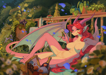 4_toes 5_fingers anthro areola biped breasts claws countershade_torso countershading feet female finger_claws fingers flower front_view genitals hair holding_flower holding_object horn looking_at_viewer medium_breasts navel nipples non-mammal_breasts non-mammal_nipples nude nude_anthro nude_female outside pink_body pink_horn pink_skin pink_tail plant red_eyes red_hair smile solo tail toe_claws toes vulva mzhh mythology dragon mythological_creature mythological_scalie scalie 2025 digital_drawing_(artwork) digital_media_(artwork) hi_res