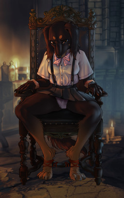 anthro black_body black_fur blouse bodily_fluids bottomwear bound bow_ribbon camel_toe chair clothing female floppy_ears fluffy fluffy_ears fur furniture miniskirt on_chair ornate_furniture panties sitting sitting_on_chair skirt solo suspenders tawny_fur tears topwear uncomfortable underwear kalibri_chan bloodborne fromsoftware higurashi_when_they_cry sony_corporation sony_interactive_entertainment angel_shadow canid canine canis dachshund domestic_dog hunting_dog long-haired_dachshund mammal absurd_res hi_res huge_filesize