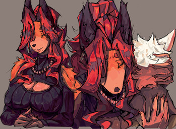 age_difference anthro cleavage_cutout clothing cutout duo eye_patch eyes_closed eyewear female fur grey_background hair half-closed_eyes hug jewelry long_hair male male/female narrowed_eyes necklace nipple_outline orange_body orange_fur red_hair short_hair simple_background size_difference smaller_male smile white_body white_fur white_hair younger_male fetloaf annie_(fetloaf) yuri_(fetloaf) canid canine domestic_cat felid feline felis fox mammal hi_res