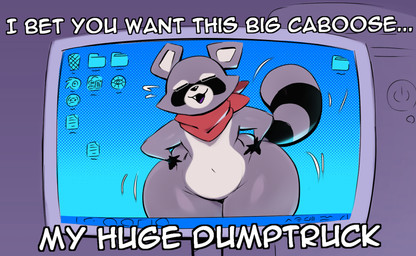 anthro belly big_butt bottom_heavy butt computer computer_monitor curvy_figure desktop dialogue electronics eyes_closed fur gloves_(marking) grey_body grey_fur hip_wiggle huge_hips huge_thighs hyper hyper_hips hyper_thighs jiggling kerchief kerchief_only male markings mostly_nude multicolored_body multicolored_fur neckerchief neckerchief_only neckwear on_screen open_mouth pear-shaped_figure raised_tail red_kerchief red_neckerchief semi-anthro smile solo tail text thick_thighs white_body white_fur wide_hipped_anthro wide_hipped_male wide_hips wobble wobbling kkoart indigo_park rambley_raccoon mammal procyonid raccoon 2025 digital_media_(artwork) english_text hi_res wallpaper