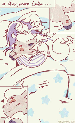after_transformation bed brown_hair clothed clothing comforting comforting_another duo female feral fur furniture grey_body grey_fur hair heart_symbol hoodie hug hugging_another inside long_hair mane pawpads purple_hair red_body red_fur size_difference sleeping text time_skip topwear under_blanket white_body white_fur velvaite nintendo pokemon canid canine fox generation_8_pokemon hisuian_form hisuian_zorua human mammal pokemon_(species) regional_form_(pokemon) comic english_text hi_res