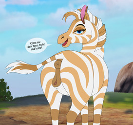 animal_genitalia animal_vulva anus brown_stripes day dialogue equine_anus equine_genitalia equine_vulva female feral fur genitals looking_at_viewer looking_back looking_back_at_viewer mane open_mouth outside puffy_anus quadruped rear_view solo speech_bubble standing striped_body stripes tail tail_tuft teeth text tongue tuft vulva white_body white_fur skateryena disney the_lion_guard the_lion_king dhahabu equid equine hybrid mammal zebroid zorse 2026 english_text hi_res