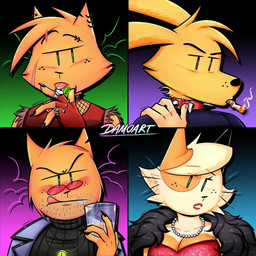 aged_up alcohol anthro beer beverage blue_eyes blush breasts brown_eyes choker cigarette claws cleavage clothed clothing collar container cup digit_ring dress drinking_glass ear_piercing eyebrow_piercing eyelashes eyewear facial_hair facial_piercing facial_scar female female_humanoid finger_claws finger_ring fingernails fishnet_clothing for_a_head freckled_face freckles fur_coat fur_hair gem glass glass_container glass_cup glasses gloves gradient_background green_eyes handwear head_tuft jacket jewelry lipstick long_eyelashes makeup male male_anthro male_humanoid mugshot nails necklace notched_ear orange_body pearl_(gem) pearl_necklace piercing pince-nez ring saliva_on_face scar shirt simple_background smoking smoking_cigarette spiked_collar spiked_gloves spikes sweater t-shirt tan_body tinted_glasses topwear tuft turtleneck whiskers yellow_body damoart dog_man_(series) dog_man_(character) li'l_petey_(dog_man) petey_the_cat animal_head animal_humanoid bird_dog calico_cat canid canine canis domestic_cat domestic_dog felid feline felis golden_retriever humanoid hunting_dog mammal retriever tabby_cat