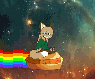 2000s_theme 4_fingers anthro big_tail black_nose blonde_hair bottomless burger burger_bun chicken_meat chicken_sandwich clothed clothing color_banding cosmic_background curled_tail dipstick_tail eye_through_hair eyebrow_through_hair eyebrows eyes_closed feet female fingers food fur gesture green_clothing green_eyes green_sweater green_topwear greeting hair handpaw hindpaw leg_markings long_hair looking_at_viewer markings meat open_mouth pawpads paws photo_background pink_pawpads pivoted_ears rainbow real riding sitting sitting_on_food sky small_nose socks_(marking) solo space speech_bubble star starry_background starry_sky sweater sweater_only tail tail_markings tail_motion tailwag text tongue topwear topwear_only translucent translucent_hair waving waving_at_viewer waving_hand webcore white_sclera yellow_body yellow_fur conditional_dnp epilepsy_warning kitkaterx3 nyan_cat_(copyright) averi_(fiddleafox) canid canine fox mammal red_fox true_fox 2025 animated compression_artifacts digital_drawing_(artwork) digital_media_(artwork) english_text hi_res photography_(artwork) shaded signature