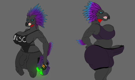 anthro arm_feathers arm_tuft avian_caruncle balls balls_outline beak big_balls big_breasts big_butt blue_body blue_eyes blue_feathers bottomwear breasts bulge butt clothed clothing detailed_bulge erection erection_under_clothing feather_hair feathered_crest feathers flaccid genital_outline genitals grey_body gun gynomorph gynomorph_anthro handgun head_crest holding_gun holding_handgun holding_object holding_ranged_weapon holding_weapon huge_breasts huge_butt humanoid_genitalia humanoid_penis intersex intersex_anthro penis penis_outline plasma_pistol pseudo_hair pupils purple_body purple_feathers ranged_weapon shirt shorts simple_background slit_pupils solo tank_top topwear tuft weapon scornedtitan halo_(series) microsoft xbox_game_studios alien avian kig-yar scalie t'vaoan colored hi_res