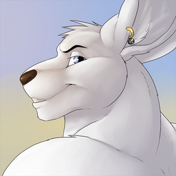 anthro blue_eyes brown_nose ear_piercing ear_ring fur glistening glistening_eyes gradient_background grin head_tuft looking_at_viewer male male_anthro nude piercing ring_piercing simple_background smile solo tuft white_body white_fur solaxe_(artist) kangaroo macropod mammal marsupial 1:1
