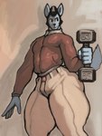 anthro blue_body blue_fur brown_clothing brown_jacket brown_topwear clothed clothing dumbbell facial_hair femboy fur jacket looking_away male muscular muscular_femboy muscular_male pompadour pose sideburns simple_background solo thick_thighs topwear weights jojobiz j_(oc) canid canine canis jackal mammal 2021 3:4 digital_drawing_(artwork) digital_media_(artwork) hi_res shaded simple_shading