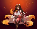 anthro big_breasts breasts brown_hair clothed clothed_anthro clothed_female clothing eyelashes female female_anthro fur gradient_background hair kaori leg_markings markings multi_tail orange_body orange_fur simple_background solo tail thigh_markings white_body white_fur yellow_body yellow_fur juguitonsfw kaori_(oc) canid canine fox mammal hi_res