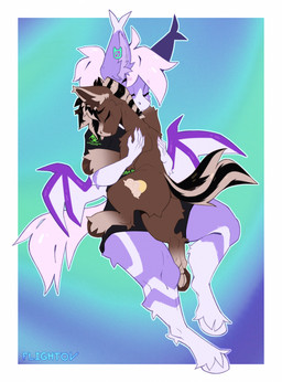 ambiguous_gender anthro brown_body brown_fur clothing cuddling cutie_mark duo ear_piercing feral fur hair hooves horn hug male membrane_(anatomy) membranous_wings piercing purple_body purple_fur wings flightov hasbro my_little_pony midnight_flight_(character) bat_pony equid equine horse mammal pony hi_res