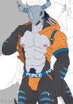 anthro armor blue_eyes blue_hair blue_stripes bulge claws clothing detailed_bulge hair headgear helmet jacket male muscular muscular_male nipples pubes solo stripes tail topwear underwear samaraka bandai_namco digimon wargreatmon digimon_(species) wargreymon hi_res