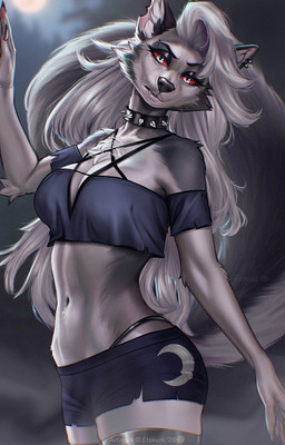 anthro biped bottomwear breasts claws clothed clothed_anthro clothed_female clothing collar countershade_fur countershade_torso countershading ear_piercing female finger_claws fingers front_view fully_clothed fully_clothed_anthro fully_clothed_female fur grey_body grey_fur grey_hair grey_tail hair handpaw inner_ear_fluff legwear looking_at_viewer navel panties paws piercing red_sclera solo spiked_collar spikes standing tail teeth thigh_highs topwear tuft underwear white_eyes etskuni hellaverse helluva_boss mythology loona_(helluva_boss) canid canid_demon canine demon hellhound mammal mythological_canine mythological_creature 2025 digital_drawing_(artwork) digital_media_(artwork) hi_res