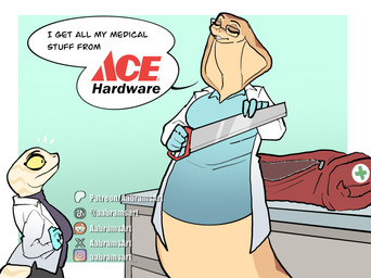 4_fingers abstract_background anthro apode big_breasts black_eyes blue_clothing blue_gloves blue_handwear breasts brown_body brown_stripes clothing coat dialogue doctor duffel_bag duo eyelashes eyes_closed eyewear female fingers glasses gloves hand_saw handwear instagram_logo lab_coat legless multicolored_body multicolored_scales patreon_logo pupils reddit_logo scales serpentine slit_pupils snake_hood stripes tan_body tan_scales text tiktok_logo topwear two_tone_body two_tone_scales x_logo yellow_sclera aabramsart ace_hardware instagram patreon reddit tiktok x_(social_media) draconcopode gecko lizard naga pit_viper reptile scalie snake snake_naga viper 2026 artist_name digital_drawing_(artwork) digital_media_(artwork) english_text hi_res url watermark