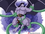 abs bdsm belt big_muscles bondage bottomwear bound clenched_teeth clothing digitigrade forced genitals hair half-erect loincloth long_hair male muscular pecs penis pointy_ears purple_body simple_background solo spread_wings struggling teeth tentacles tentacles_around_arms tentacles_around_balls tentacles_around_legs vein veiny_muscles wings warmageragnar disney gargoyles goliath_(gargoyles) gargoyle humanoid