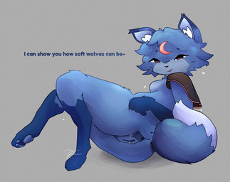 anthro anus big_butt black_eyes blue_body blue_fur breasts butt dialogue digitigrade dipstick_tail eyelashes facial_markings female forehead_markings fur genitals grey_background head_markings inner_ear_fluff leg_markings looking_at_viewer lying markings on_side pawpads simple_background socks_(marking) solo spread_butt spreading tail tail_markings talking_to_viewer text thick_thighs tuft vulva wide_hips tokkiperiwinkle blushcrunch_studio dandy's_world eclipse_(dandy's_world) canid canine canis mammal toon_(dandy's_world) wolf english_text