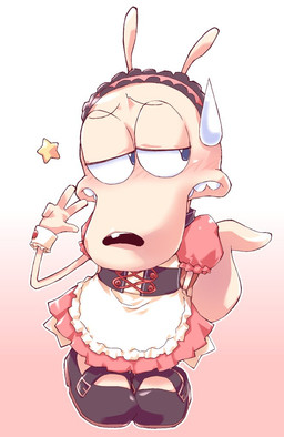 alternative_fashion anthro apron back_bow black_nose blush blush_lines bodily_fluids bow_(feature) classic_lolita clothed clothing cosplay crossdressing crossdressing_male cuff_(restraint) dress femboy footwear frilly frilly_apron frilly_clothing gesture gradient_background half-closed_eyes hand_gesture j-fashion light_blush lolita_(fashion) looking_aside looking_at_viewer looking_pleasured maid_headdress maid_uniform male mary_janes monotone_body narrowed_eyes pink_clothing pink_dress puffy_sleeves raised_tail restraints shoes simple_background solo star sweat sweatdrop tail tan_body uniform v_sign wrist_cuffs negiwave2000 nickelodeon rocko's_modern_life the_melancholy_of_haruhi_suzumiya mikuru_asahina rocko_rama macropod mammal marsupial wallaby digital_media_(artwork)