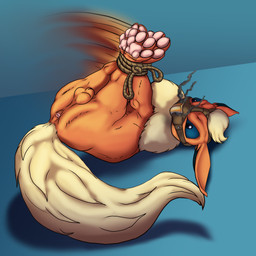 angry animal_genitalia anus balls bdsm bondage bound captured feet feral feral_bondage fully_sheathed gag gagged genitals legs_tied male muzzle_(object) muzzled paws rope sheath solo struggling raptorroper nintendo pokemon eeveelution flareon generation_1_pokemon pokemon_(species) 1:1 hi_res