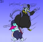 attack blush butt butt_bump butt_slam duo male male/male not_furry smothering text roccorox deltarune undertale_(series) jevil_(deltarune) kris_(deltarune) darkner human humanoid imp mammal 2021 english_text hi_res