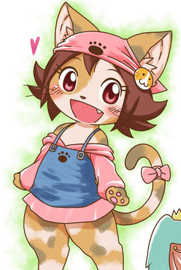 :3 abstract_background accessory anthro blush bow_(feature) bow_accessory bow_ribbon brown_hair cape clothing crown cute_fangs duo eyebrows eyelashes fangs female footprint furgonomics hair headgear heart_symbol inner_ear_fluff kemono kerchief male mottled pawpads pawprint piebald pin_accessory pin_button red_eyes ribbons simple_background smile tail tail_accessory tail_bow tail_ribbon teeth tuft whiskers nakagami_takashi amphibian calico_cat domestic_cat felid feline felis frog mammal