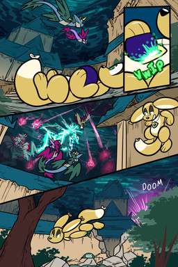 ambiguous_gender armor attack balloon balloon_with_face black_nose brown_body building cloud feathered_wings feathers feral fight flying green_eyes green_text group half-closed_eyes horn inflatable jewelry looking_at_another lying narrowed_eyes on_back on_ground orb outside page_number pendant plant rock rubble sky sound_effects stairs tail text toony tree white_sclera white_text wings virmir roko_kirihoko suzocon canid canine couatl feathered_scalie feathered_snake fox mammal reptile scalie snake 2025 2:3 absurd_res english_text hi_res