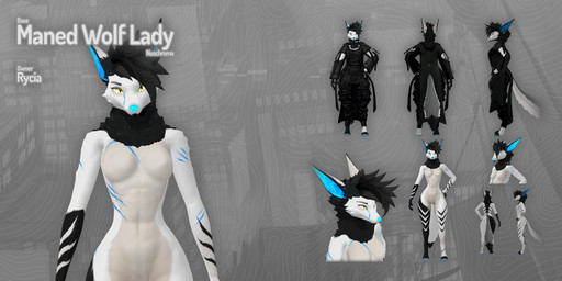 anthro biped female front_view looking_at_viewer pose rear_view side_view simple_background solo text rycia vtuber canid canine canis mammal maned_wolf wolf 2:1 3d_(artwork) absurd_res adobe_photoshop_(artwork) character_name digital_media_(artwork) english_description english_text hi_res model_sheet substance_painter_(artwork)
