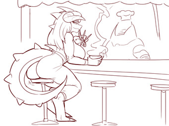 anthro barefoot big_breasts big_butt breasts butt chef_hat chopsticks clothing digitigrade duo feet female hat headgear headwear holding_chopsticks holding_object horn looking_at_viewer looking_back looking_back_at_viewer machine sitting smile general-irrelevant fallout microsoft deathclaw robot scalie 2022 4:3 digital_media_(artwork) monochrome
