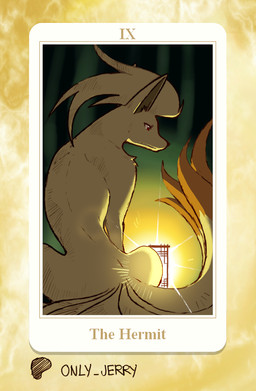 ambiguous_gender anthro card dipstick_tail feral fur light_body light_fur major_arcana markings multi_tail multicolored_body multicolored_fur red_eyes solo tail tail_markings tarot tarot_card text the_hermit_(tarot) two_tone_body two_tone_fur two_tone_tail yellow_body yellow_fur yellow_tail dahecksajerry nintendo pokemon generation_1_pokemon ninetales pokemon_(species) english_text