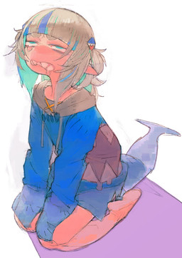accessory blue_eyes bodily_fluids bottomwear clenched_teeth clothing dripping featureless_feet feet female grey_hair hair hair_accessory humanoid_pointy_ears kneeling long_sleeve_shirt looking_up messy_hair narrowed_eyes pointy_ears saliva saliva_drip shark_tail sharp_teeth simple_background sitting skirt slim solo tan_body tan_skin tears teeth tied_hair a_4_k_a hololive hololive_en vtuber gawr_gura animal_humanoid aquatic aquatic_humanoid fish fish_humanoid humanoid shark_humanoid digital_drawing_(artwork) digital_media_(artwork) hi_res