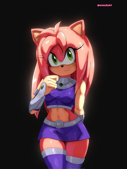 alternate_costume anthro anthrofied belt biped black_background bottomwear breasts closed_smile clothed clothed_anthro clothed_female clothing clothing_swap cosplay countershade_face countershade_torso countershading eyelashes female female_anthro fingers fully_clothed fully_clothed_anthro fully_clothed_female green_eyes iris midriff mouth_closed navel pink_body pink_quills pupils quill_hair redesign simple_background skirt smile snout solo tan_body text topwear soranygyart dc_comics sega sonic_the_hedgehog_(series) teen_titans amy_rose starfire_(teen_titans) eulipotyphlan hedgehog mammal 2026 3:4 artist_name hi_res portrait three-quarter_portrait