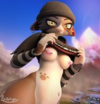 anthro beanie big_breasts blep breasts clothed clothing clothing_lift ear_piercing female fish_hook fish_hook_piercing hat headgear headwear hook nipple_piercing nipples piercing shirt shirt_lift solo tongue tongue_out topwear yellow_eyes renpage epic_games fortnite meow_skulls calico_cat domestic_cat felid feline felis mammal 3d_(artwork) digital_media_(artwork) hi_res